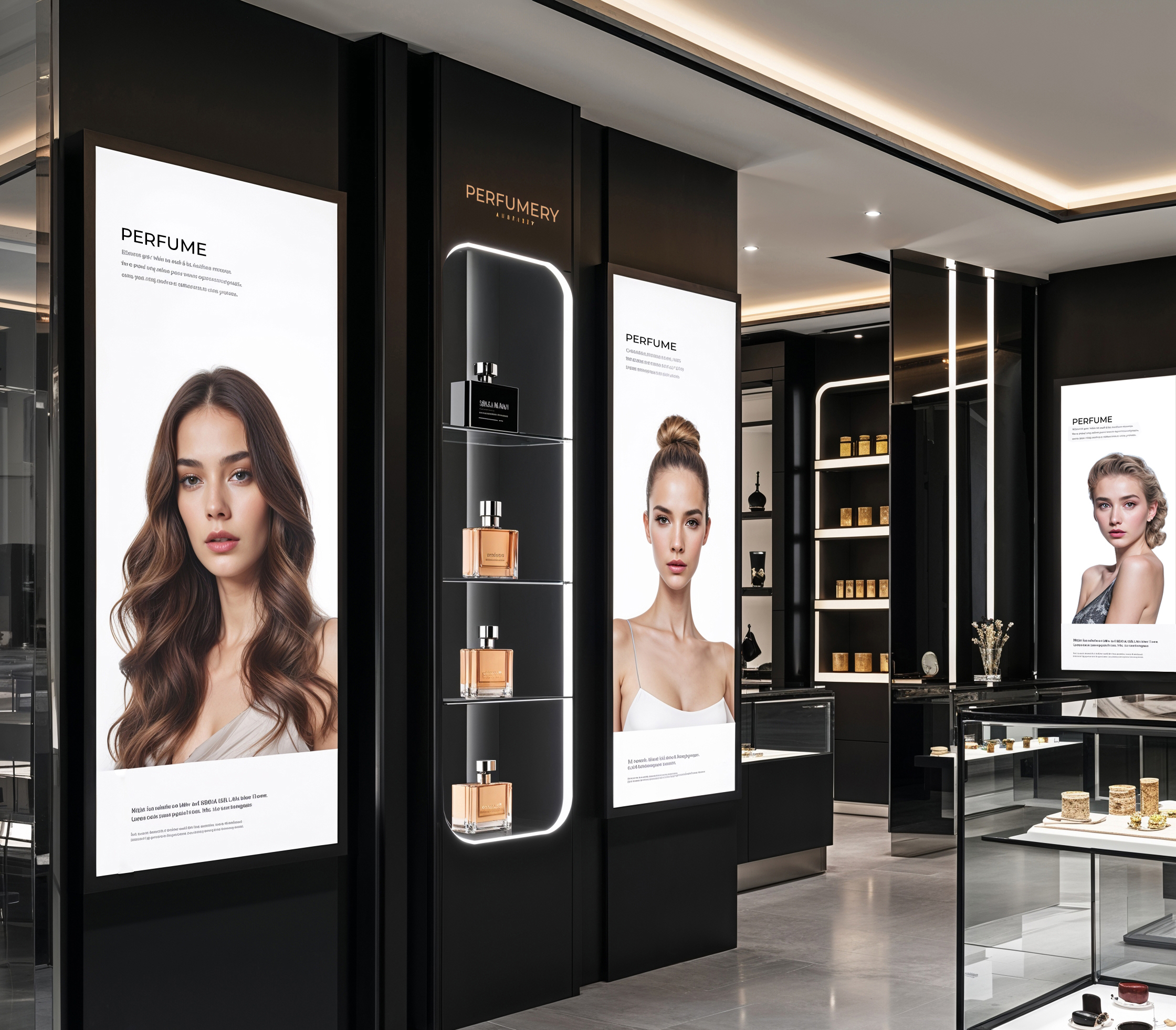 Displays backlit with Light Wave panels in a modern perfumery