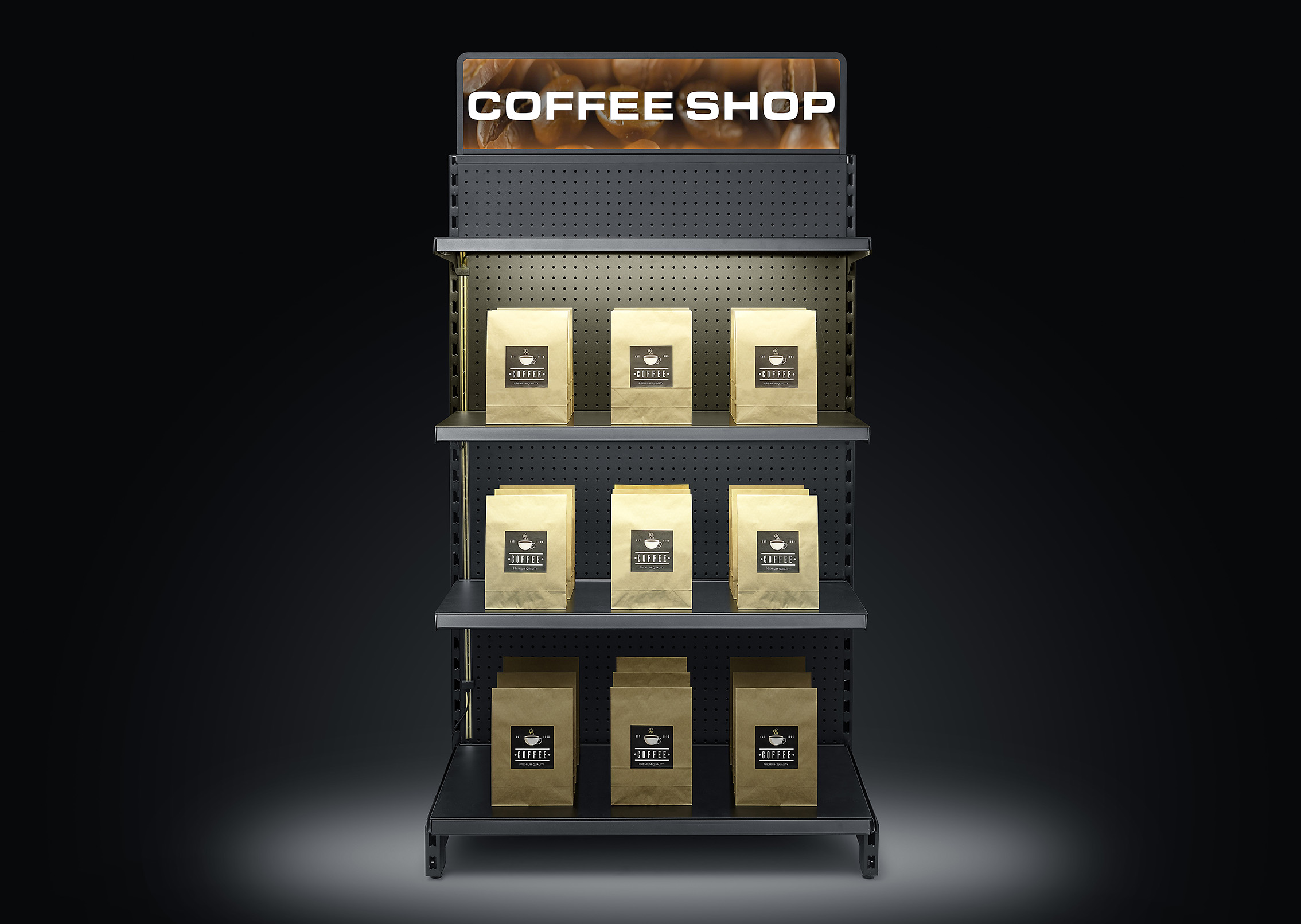 Shelf with integrated LED lighting (coffee shop)