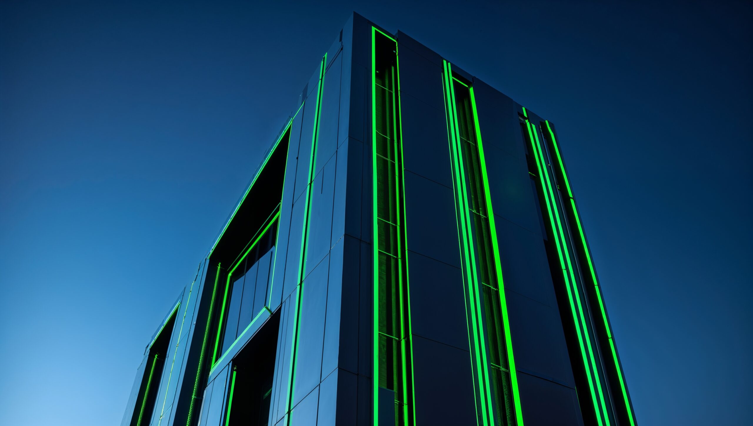 Facade Lighting – Futuristic Building with Green Light Lines
