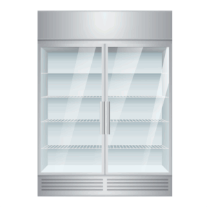 Upright refrigeration Unit with glass doors (diagram) Illustration of an upright refrigeration unit with glass doors and multiple shelves