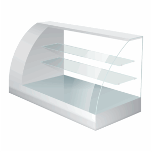 Service counter for fresh products (diagram) Diagram of an open service counter with curved glass front and two glass shelves