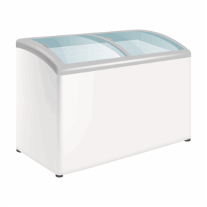 Chest freezer with sliding lids (diagram) Illustration of a horizontal chest freezer with curved sliding glass lids