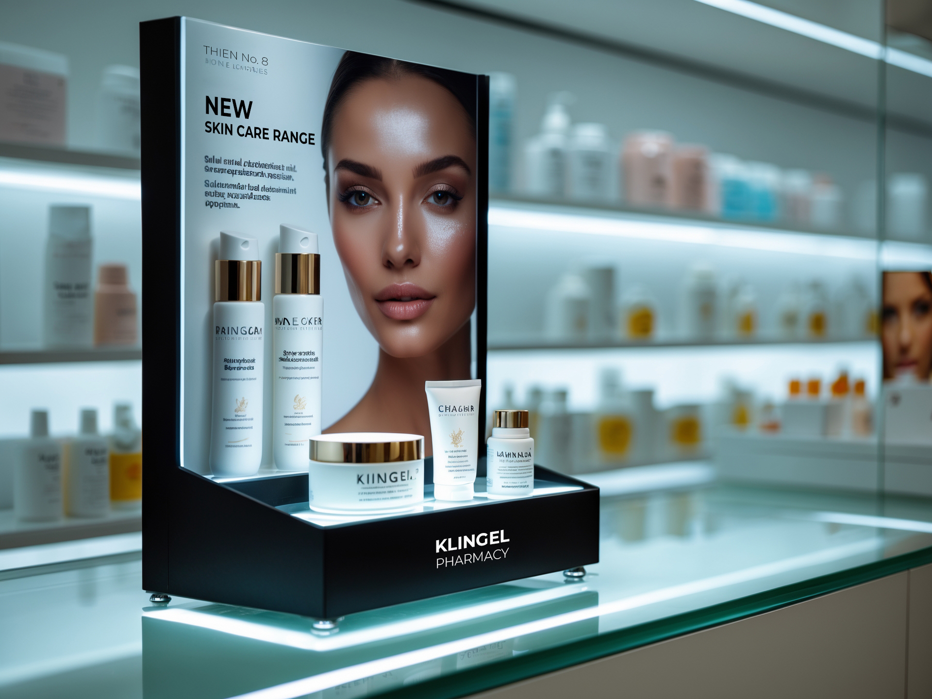 Skincare display with face motif and LED lighting