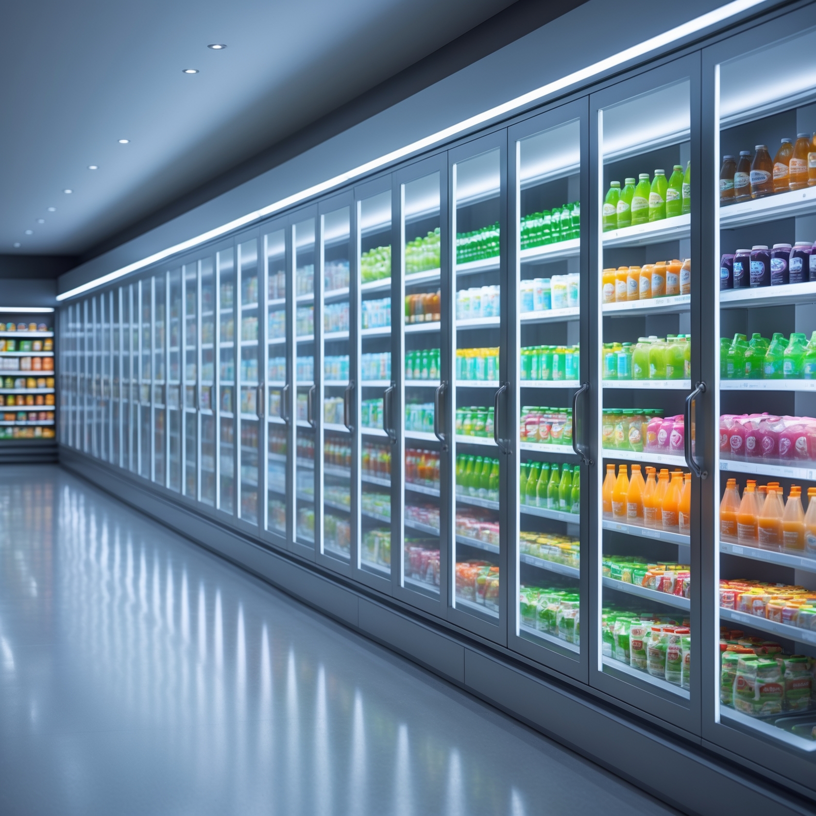 Refrigerated display cases with glass doors and LED lighting