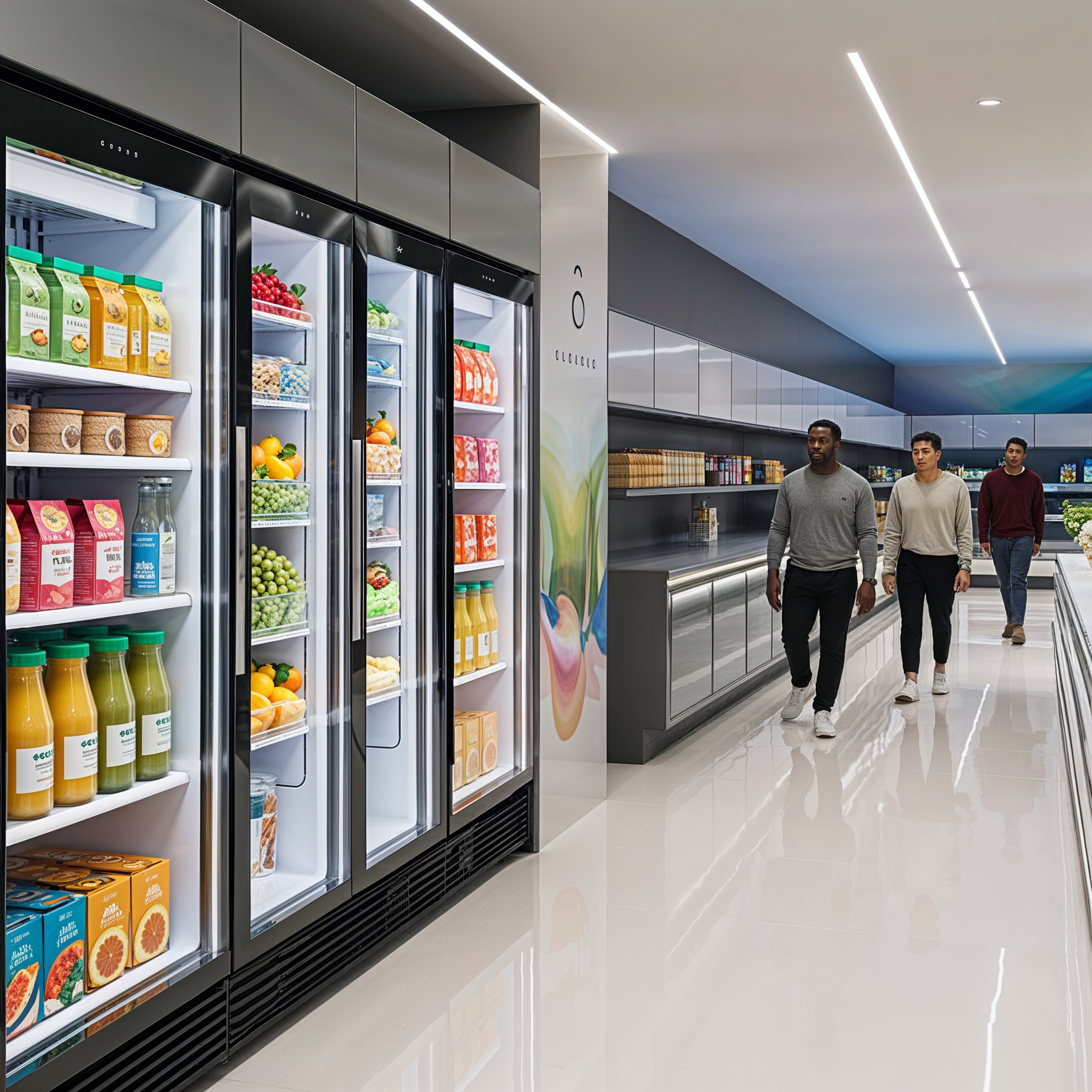 Supermarket aisle with refrigeration units and modern LED lighting
