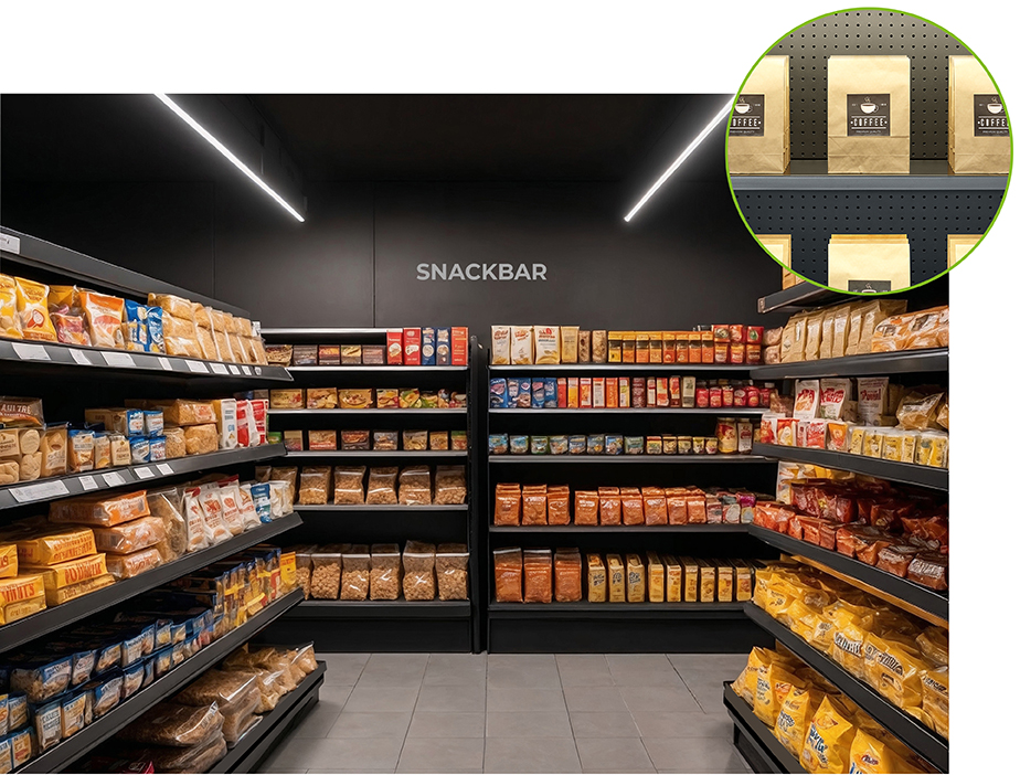 Retail shelf with LED ceiling lighting in a supermarket