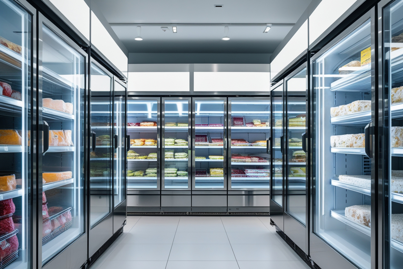 LED-lit refrigeration cabinets with various frozen goods in a supermarket