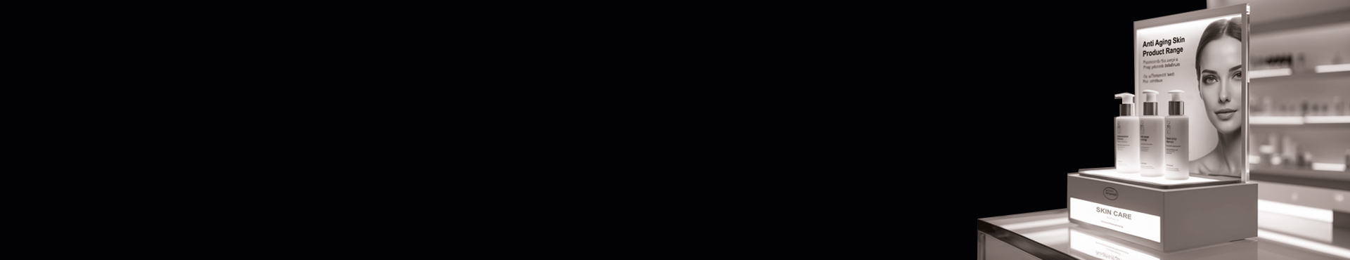 WebHeader_Displaybeleuchtung – Skincare display with impactful lighting on a dark background