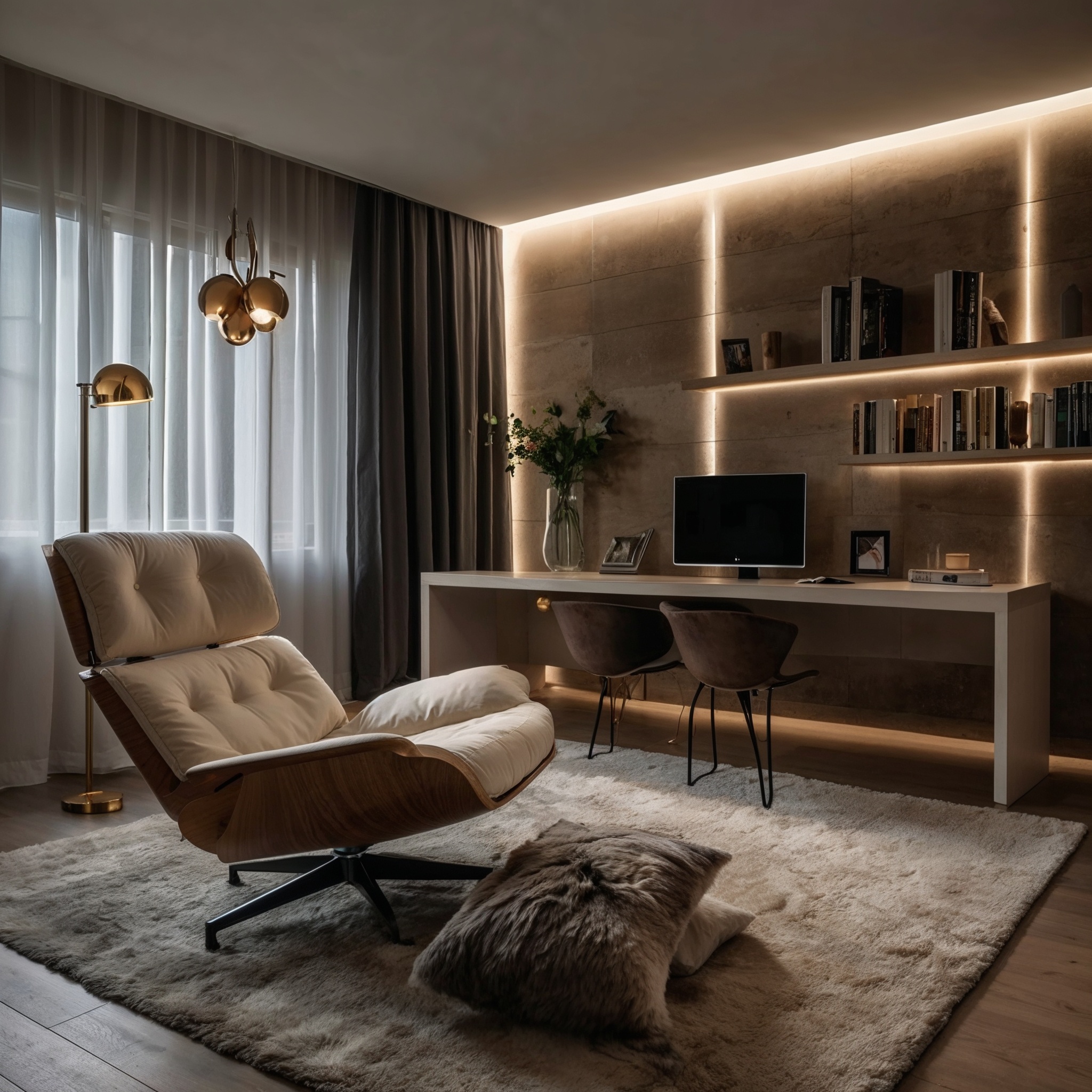 Wohnbereich mit Sekretär und indirekter LED-Beleuchtung