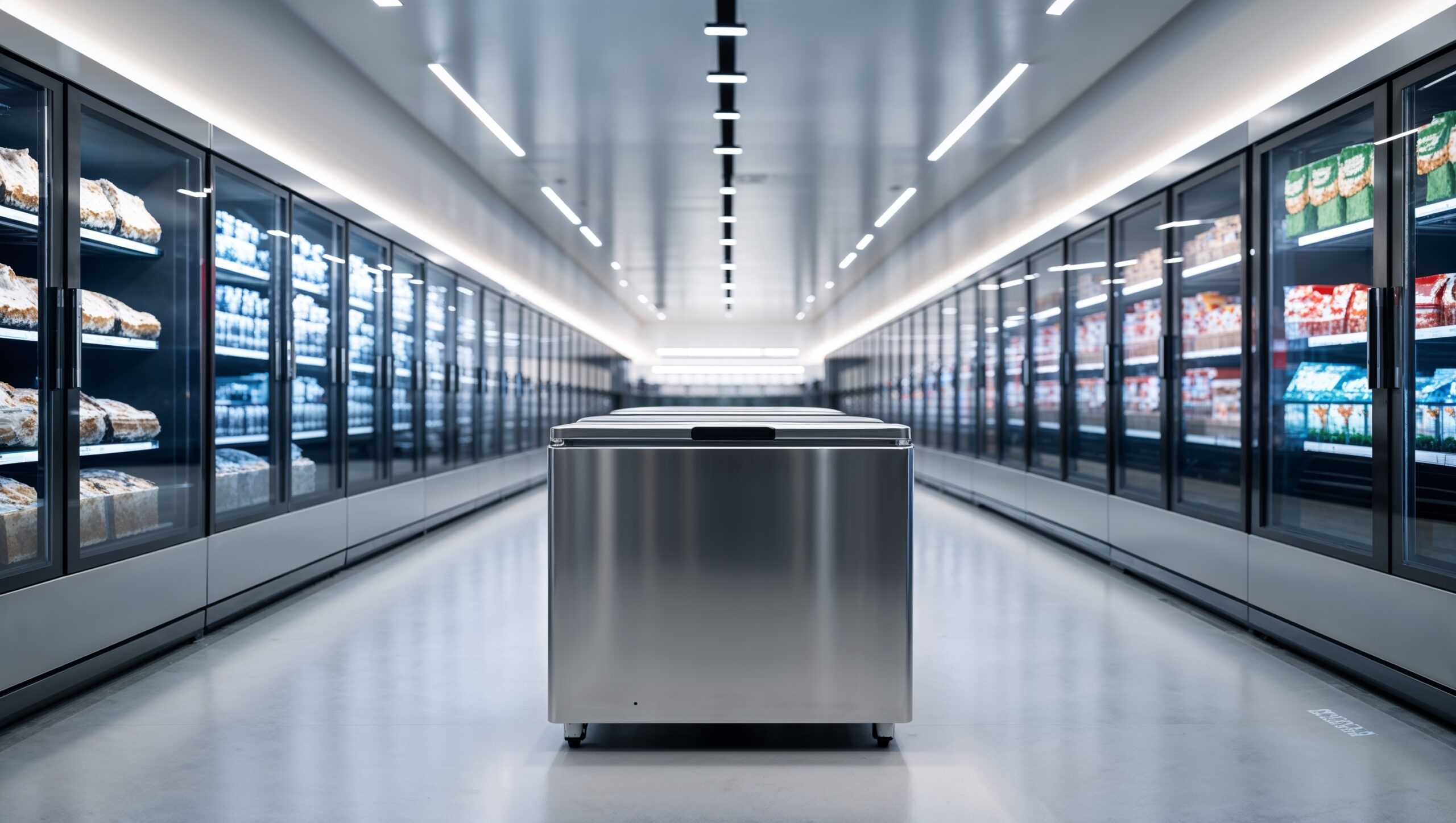 Aisle with Chest Freezers and Wall Refrigerated Shelves