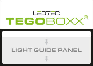 Aufbau des TEGOBOXX-Systems mit beschrifteten Komponenten: bedruckte Folie, Light Guide Panel, Metallrahmen.
